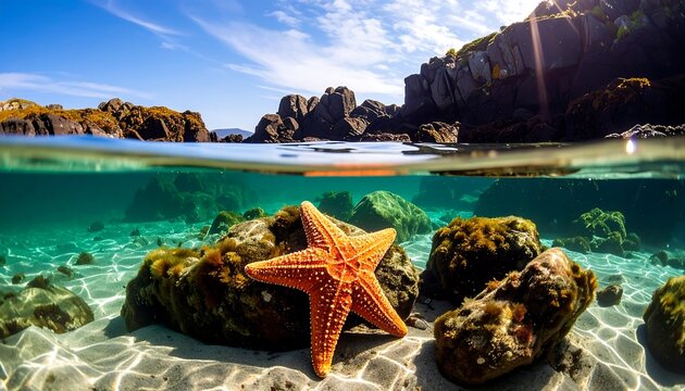 Vivid split-level shot, starfish on sea floor, rocky shore, bright sun