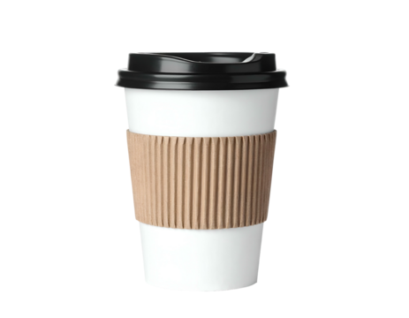 Takeaway drink cup with cardboard sleeve and black lid, isolated on a transparent background