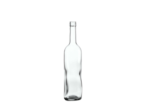 Isolated, slender, transparent glass bottle, smooth surface, on a solid black backdrop