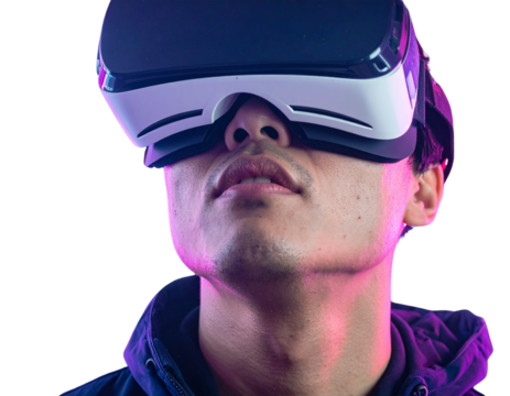 Futuristic technology concept with man in virtual reality headset and vibrant neon ba