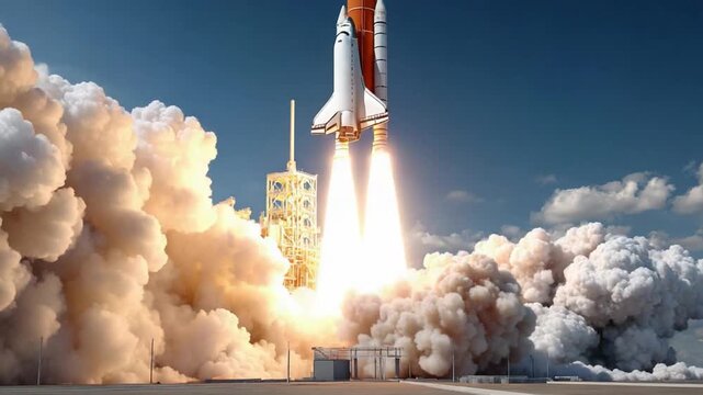 Rocket's Soaring Departure: A majestic rocket ascends into the vast expanse of space, enveloped by a cloud of billowing smoke, symbolizing exploration and human ambition.