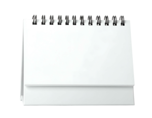 A blank, white desk calendar stands upright with spiral binding ready for notes