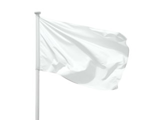 A pure white flag on a tall pole, flowing elegantly in an unseen breeze, isolated