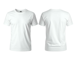 Front and back view of a blank white crew neck t-shirt, mock up isolated on black