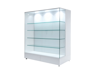 White, illuminated display case with glass shelves and doors, isolated on a black background