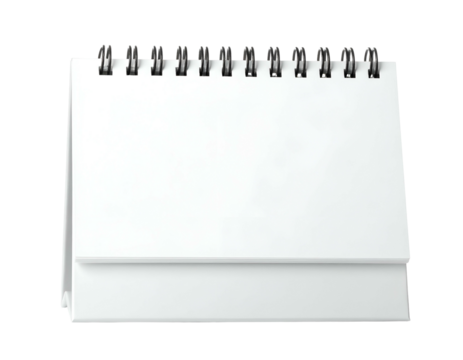 A blank, white desk calendar stands upright with spiral binding ready for notes