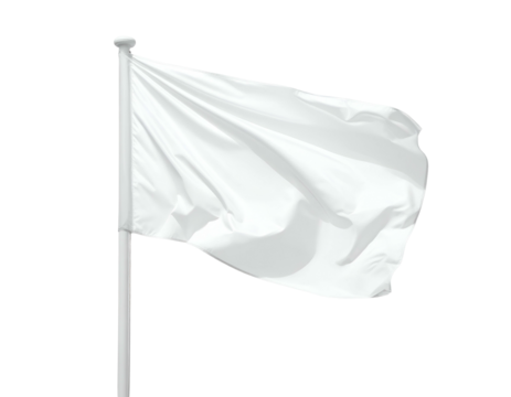 A pure white flag on a tall pole, flowing elegantly in an unseen breeze, isolated