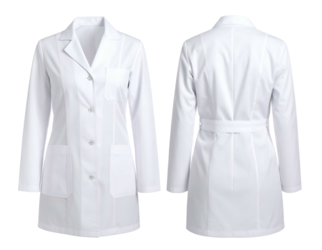Front and back views of a white, long-sleeved medical or lab coat against black