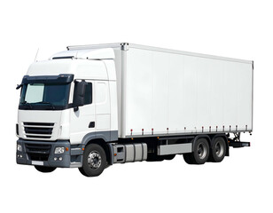 Large, white transport vehicle, isolated on a black background, ready for delivery