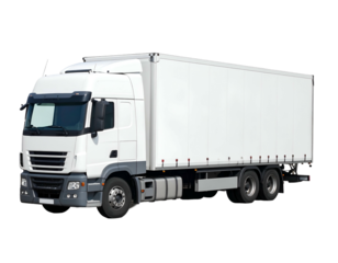 Large, white transport vehicle, isolated on a black background, ready for delivery