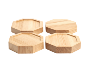 Four octagonal wooden coasters arranged in a square pattern against a pure black background