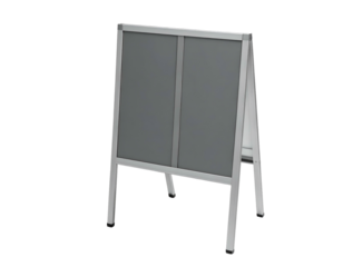 A-frame sign with two grey rectangular displays and a white metal frame, isolated on black