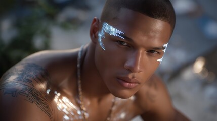 Augmented reality hacker surrounded by holographic data streams, neon tattoos pulsating with code patterns, symbolizing artificial intelligence, digital underground culture, and futuristic cyber