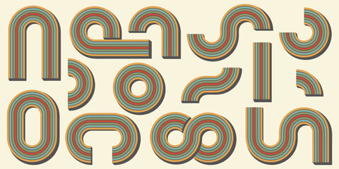 Abstract rainbow shapes. Retro 70s graphic for poster. Vector arches and wavy stripes. Creative simple curved elements set