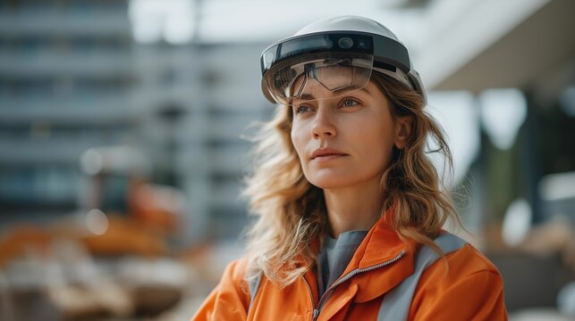 Construction manager wearing AR glasses connected to AI assistant for on-site supervision, symbolizing safety monitoring, project accuracy, and real-time data intelligence. cinematic color