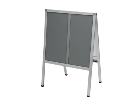 A-frame sign with two grey rectangular displays and a white metal frame, isolated on black