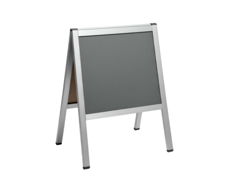 A standing, angled chalkboard with a silver frame, set against a dark background