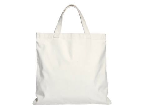 A blank cream-colored tote bag with handles, on a black background