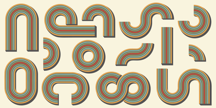 Abstract rainbow shapes. Retro 70s graphic for poster. Vector arches and wavy stripes. Creative simple curved elements set