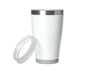 A white insulated tumbler with a silver rim, gray base, and replacement gasket on black background