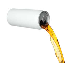 A beverage streams from a cylindrical container against a transparent background