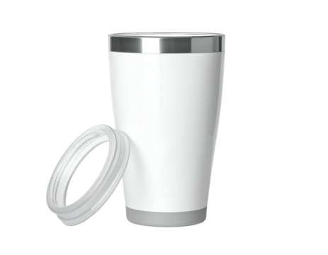 A white insulated tumbler with a silver rim, gray base, and replacement gasket on black background
