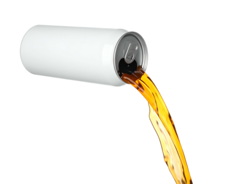 A beverage streams from a cylindrical container against a transparent background