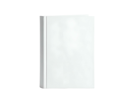 A pristine white book stands upright against a black backdrop