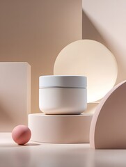 Mockup of a jar with cosmetic cream on a pastel background with abstract geometric shapes.