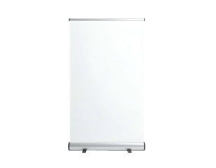 Plain white retractable banner stand against a stark black background, ideal for presentations