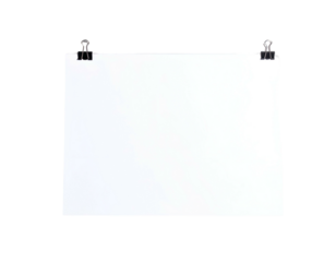 White square sheet paper, suspended by two black binder clips against a stark black background