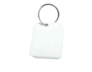 Square white keychain with metallic ring, isolated on black background