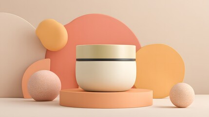 Mockup of a jar with cosmetic cream on a pastel background with abstract geometric color shapes.