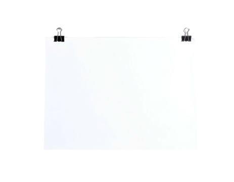 White square sheet paper, suspended by two black binder clips against a stark black background
