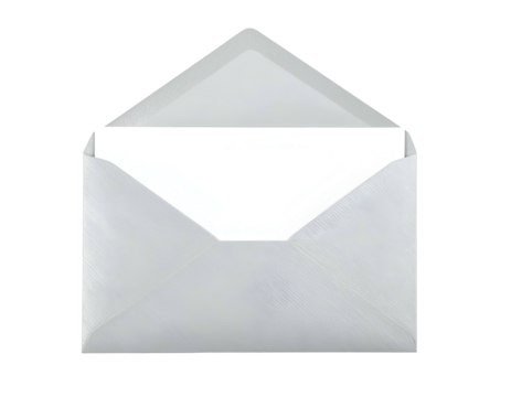 An open envelope with white interior holding a white rectangular sheet of paper