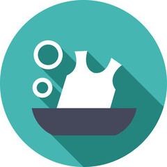 Laundry Services Icon White Shirt Washing In A Basin With Bubbles On A Teal Circular Background With Long Shadow