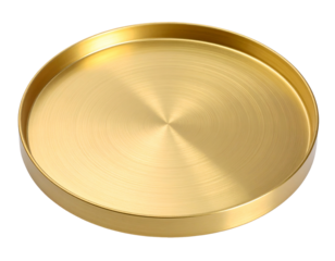 A polished, circular metal tray with a centered, radial texture, against a black background