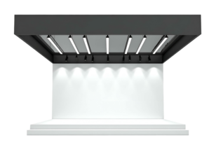 A contemporary, minimalistic stage design with bright lighting and tiered platform