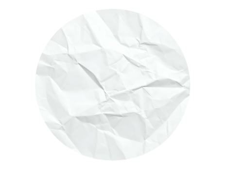 Textured white crumpled paper circle on a black background, showing folds and shadows