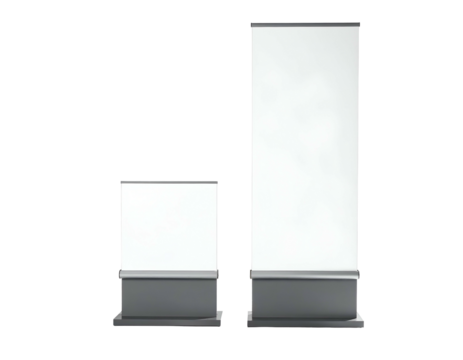 Two rectangular display stands with blank white surfaces on a solid black background