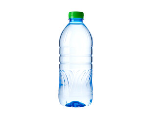 Transparent plastic bottle filled with clear liquid, set against a solid black background