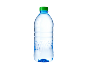 Transparent plastic bottle filled with clear liquid, set against a solid black background