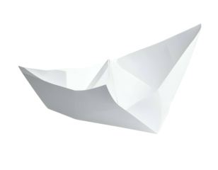 A white paper craft boat floats isolated against a stark black background