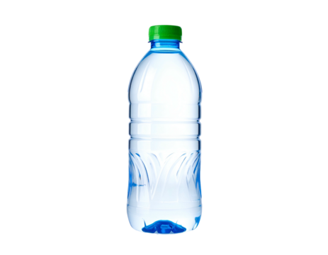 Transparent plastic bottle filled with clear liquid, set against a solid black background
