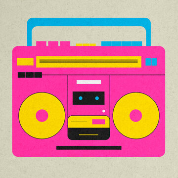 Colorful vintage 80s boombox cassette player illustration