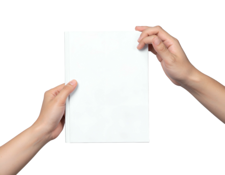 Two human hands holding a blank white rectangular piece of paper against a black background