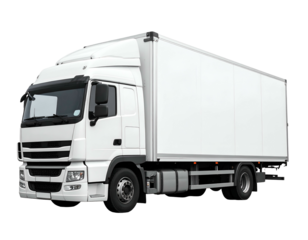 A large, white box truck isolated against a black background, showing its side profile