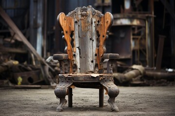Decaying wooden throne with ripped upholstery in deserted industrial setting symbolizing lost power and forgotten glory