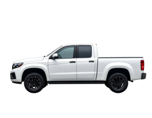 Side view of a white pickup truck on a black background, highlighting its features