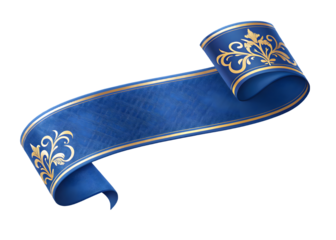 Ornate blue ribbon scroll with gold embellishments and intricate patterns isolated on transparent background